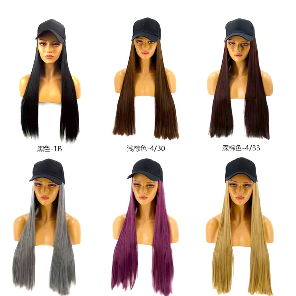 Baseball cap wigs in various colors .